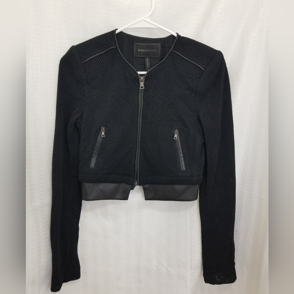 EUC  BCBGMAXAZRIA MOTO DUKE JACKET KNIT BLACK LEATHER FULL ZIP - SIZE XS